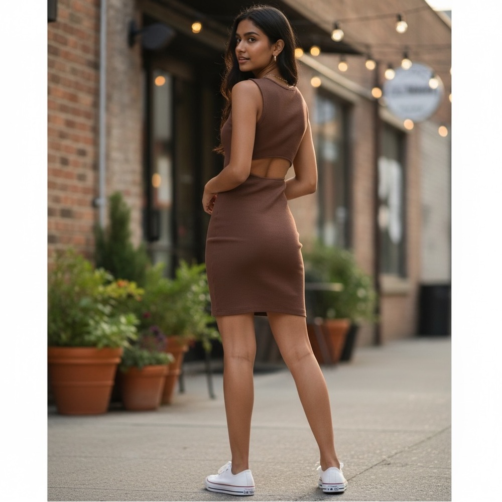 Wilfred Free Aritzia Ribbed Cutout Mini Dress Brown Open Back Bodycon Size M